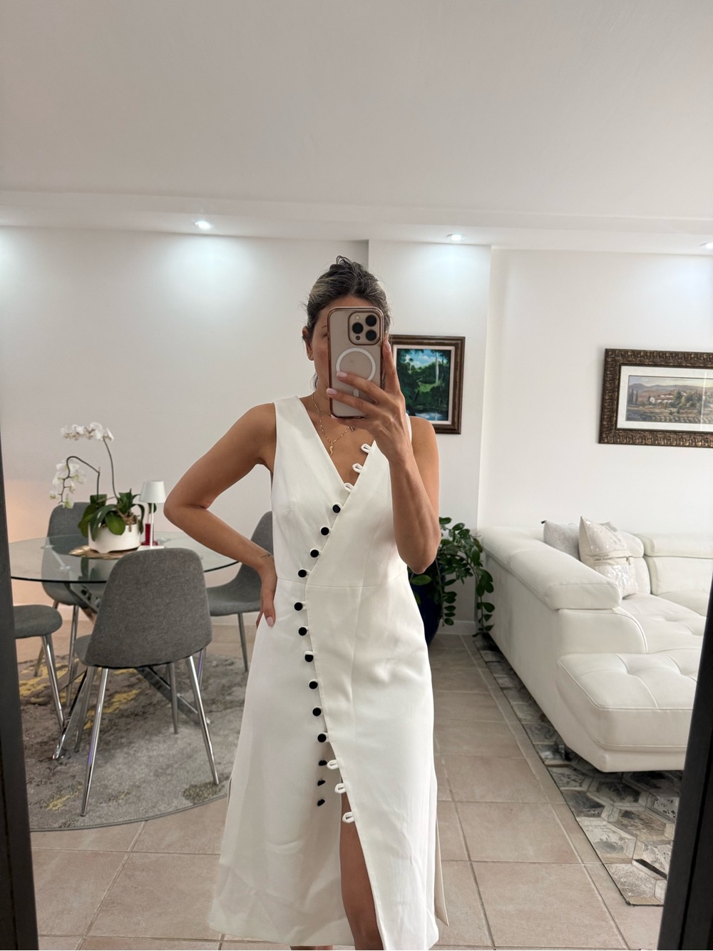 Alexis White Sleeveless V-Neck Midi Dress with Black Buttons - Picture 2 of 8